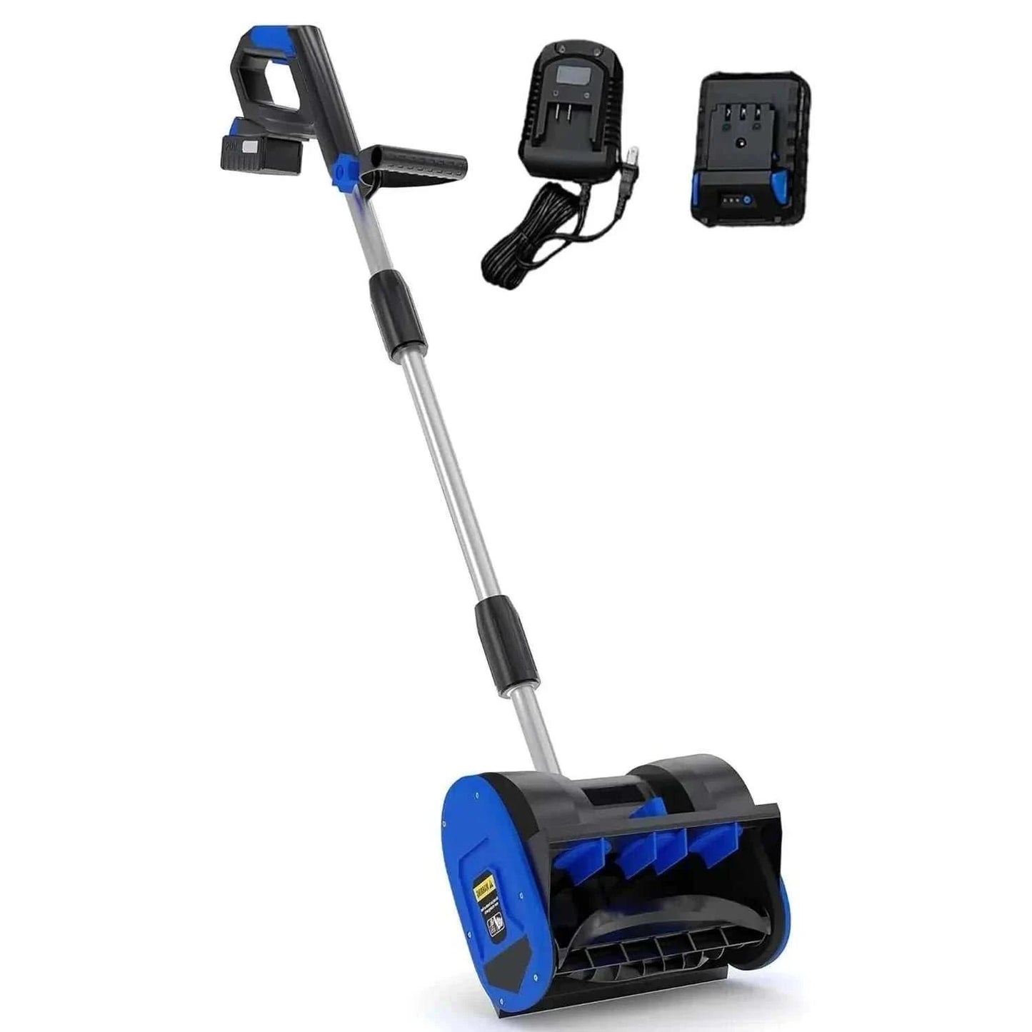 Cordless electric snow shovel with brushless motor clearing snow on driveway