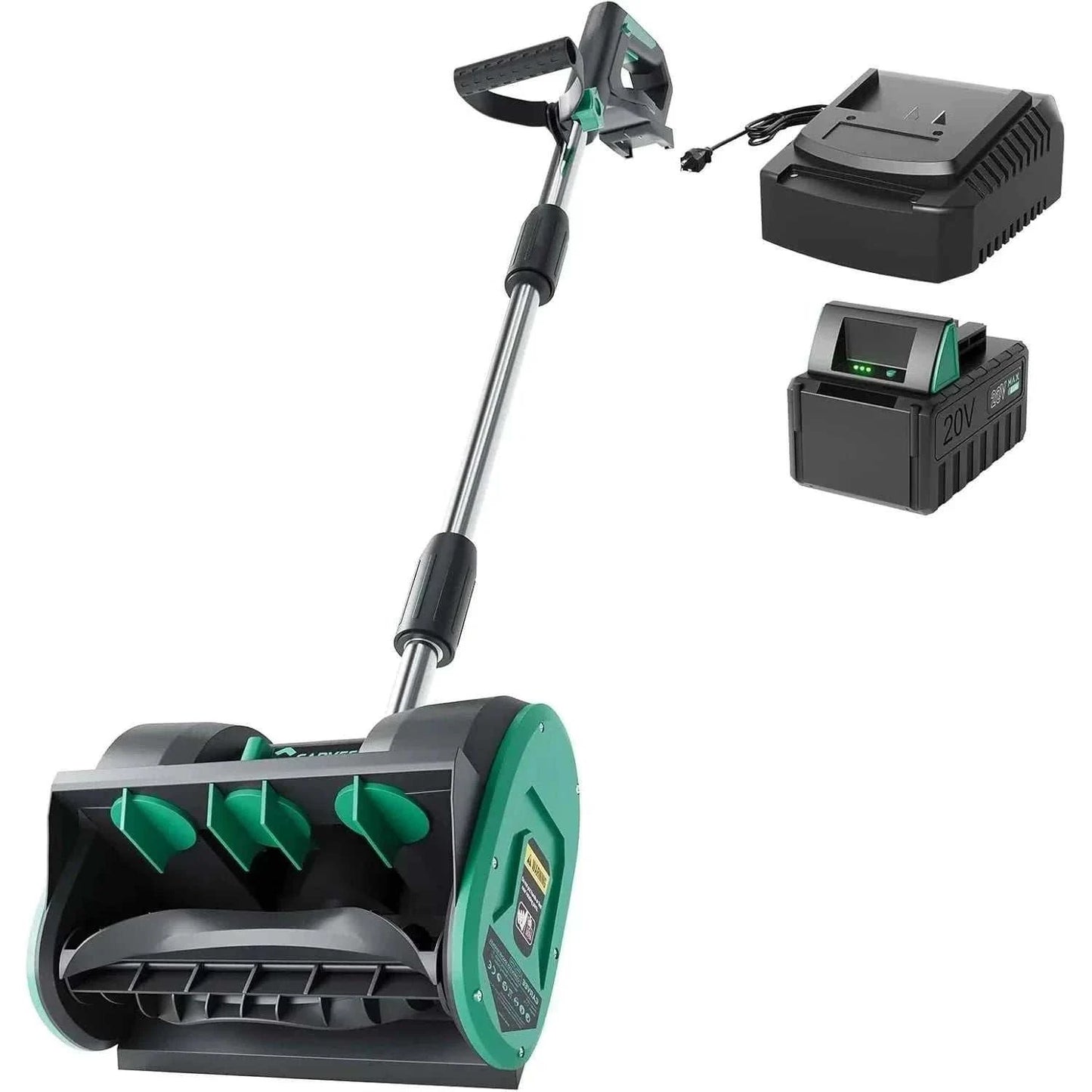 Cordless electric snow shovel with brushless motor clearing driveway with adjustable chute and rechargeable 20V battery