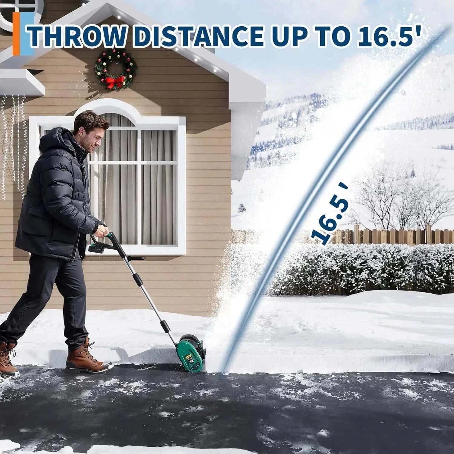 Cordless electric snow shovel with brushless motor and 20V battery clearing snow efficiently