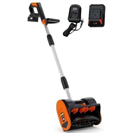 Cordless electric snow shovel with 20V brushless motor clearing snow from driveway