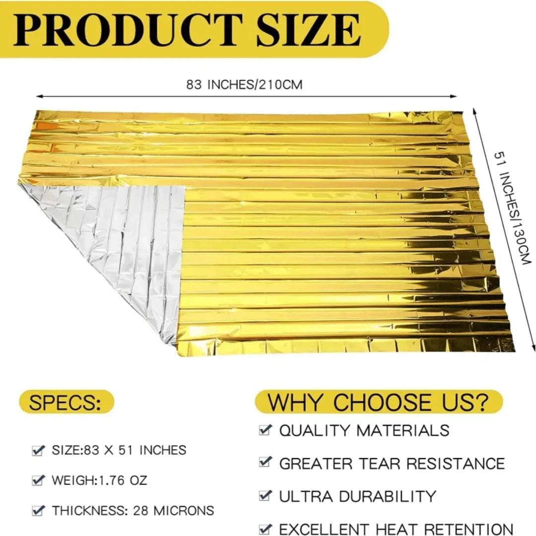 Compact emergency thermal blanket with gold and silver reflective waterproof design for outdoor rescue and heat retention