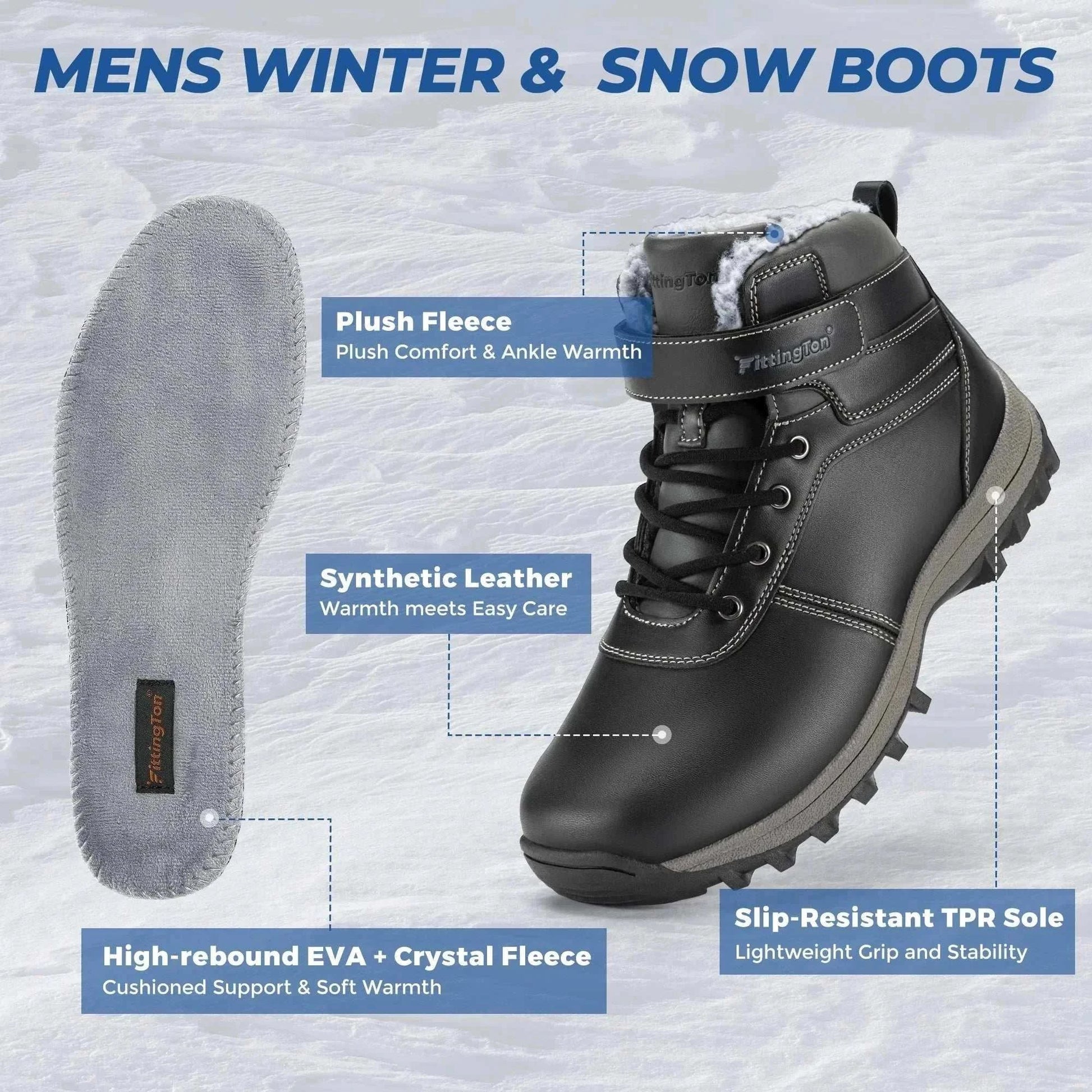 Men’s wide fit winter snow boots with plush lining, wide toe box, durable construction, and lightweight grip outsole for outdoor hiking