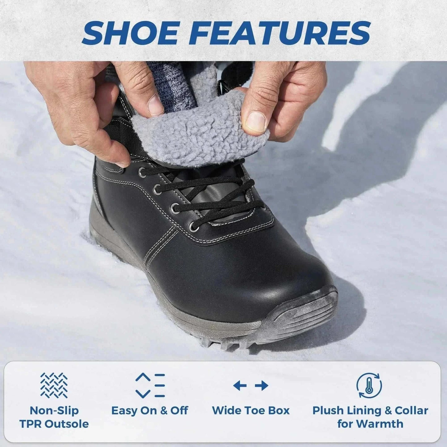 Men’s wide fit winter snow boots with thick plush lining, wide toe box, durable hook-and-loop closure, and lightweight EVA outsole for cold-proof outdoor use
