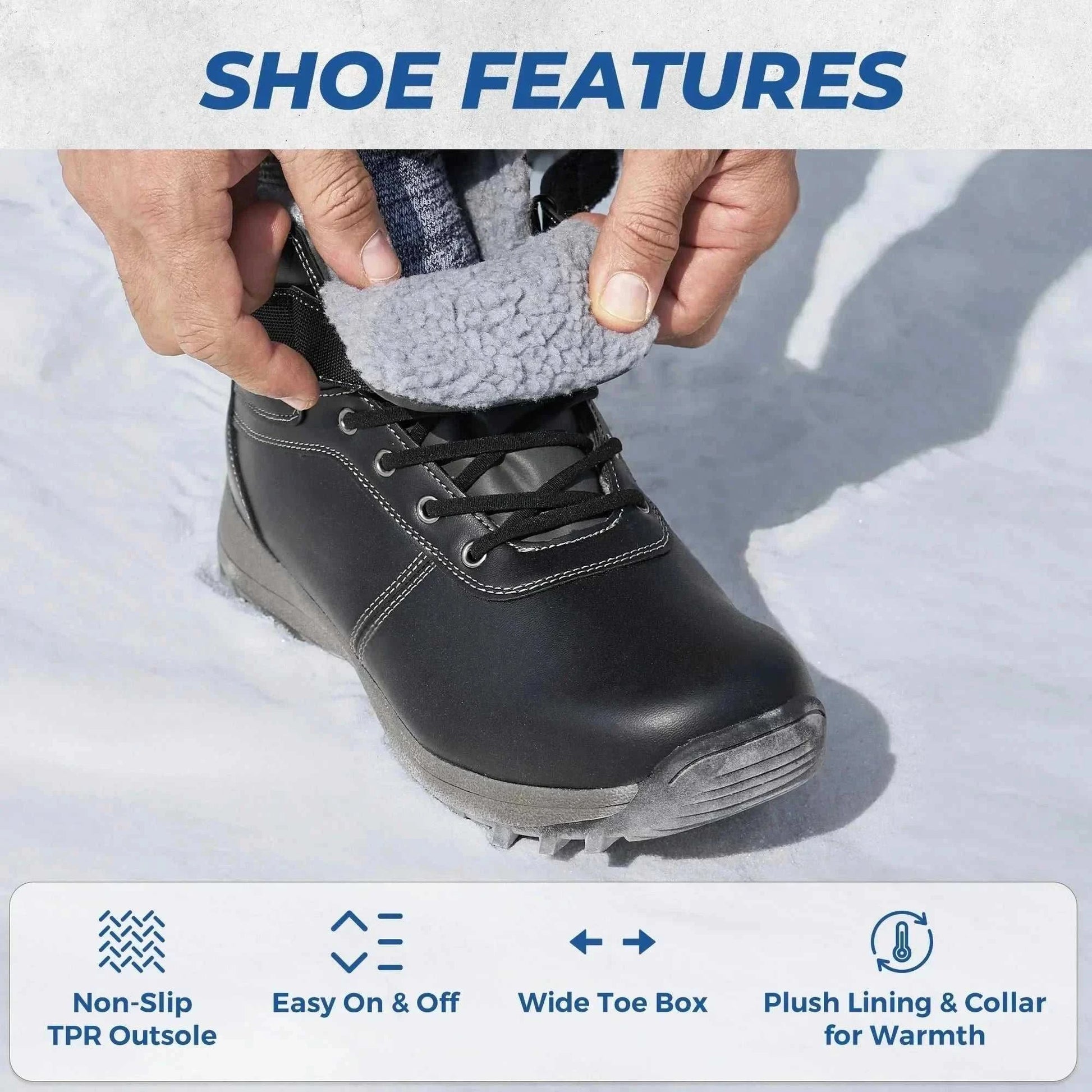 Men’s wide fit winter snow boots with thick plush lining, wide toe box, durable hook-and-loop closure, and lightweight EVA outsole for cold-proof outdoor use