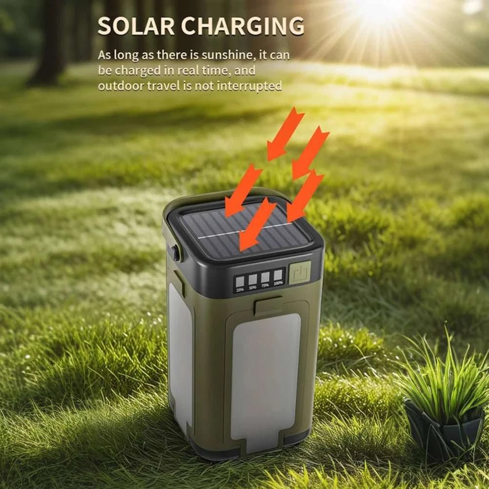 Foldable camping light with solar recharge, 4-blade design, 500 lumens lantern and power bank function