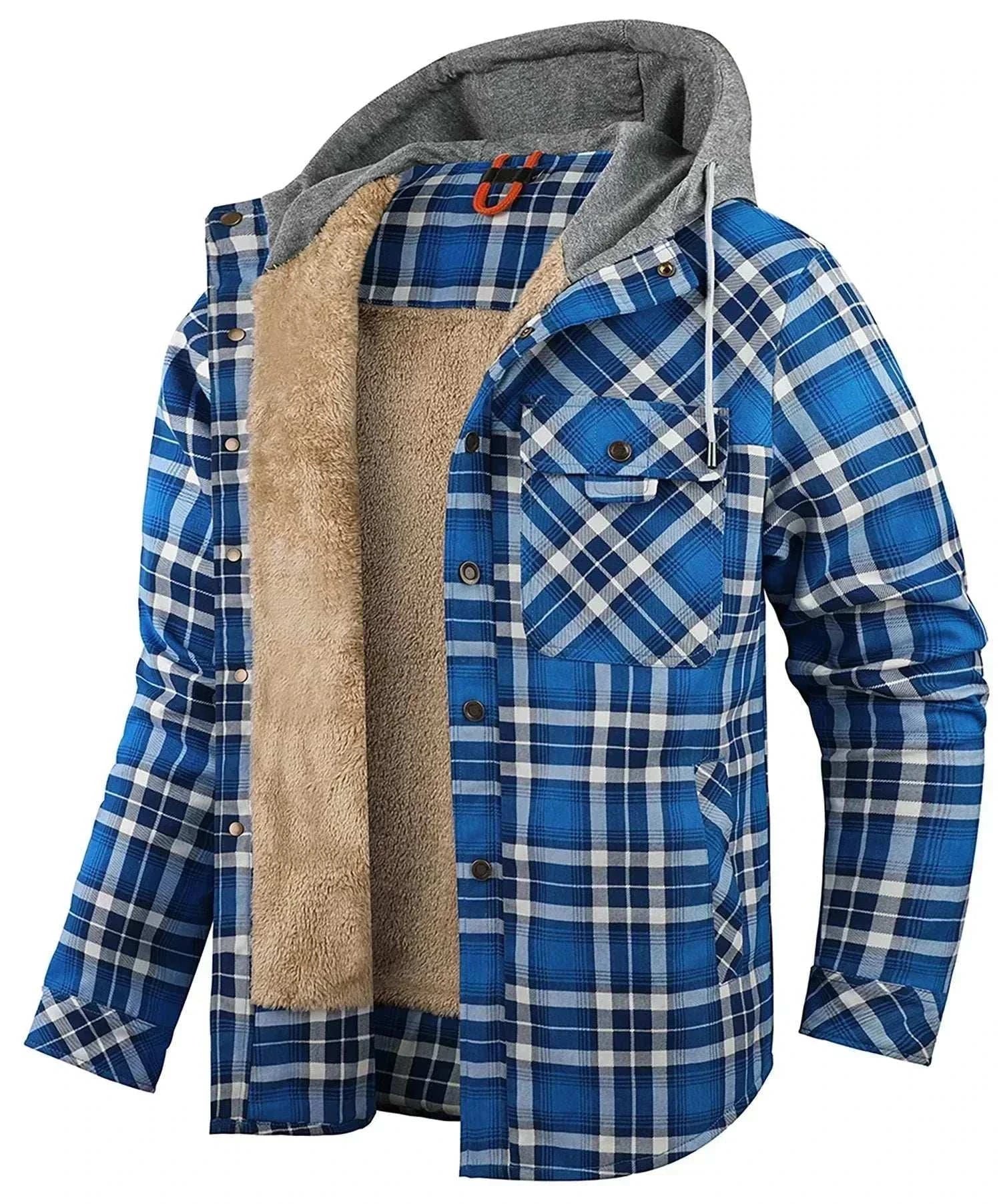 Men's hooded sherpa-lined plaid flannel winter coat full-zip slim fit in multiple colors