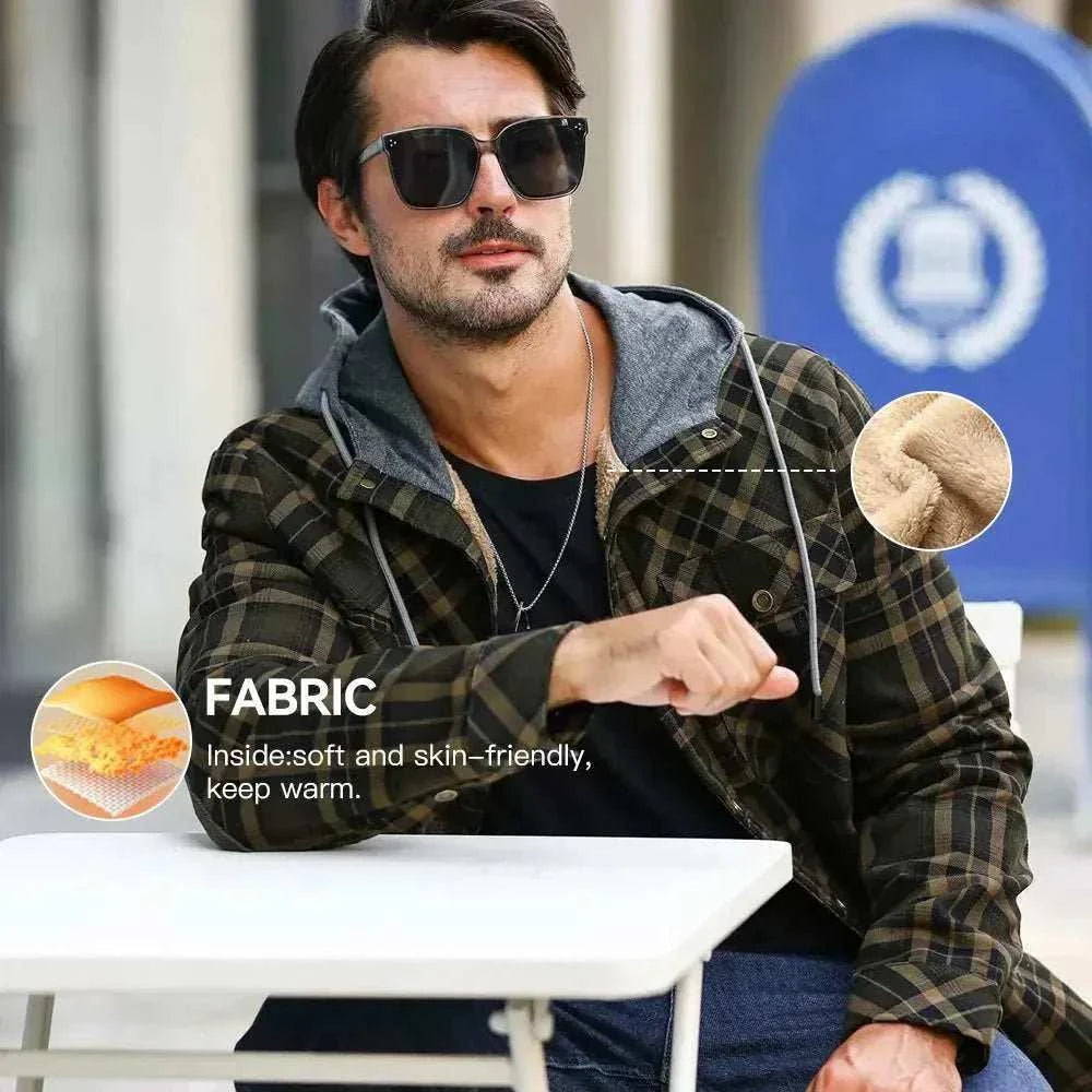 Men's hooded sherpa-lined plaid flannel winter coat full-zip slim fit in multiple colors