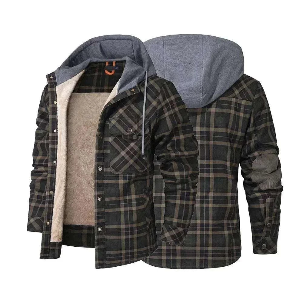 Men's hooded sherpa-lined plaid flannel winter coat with full-zip and slim fit design