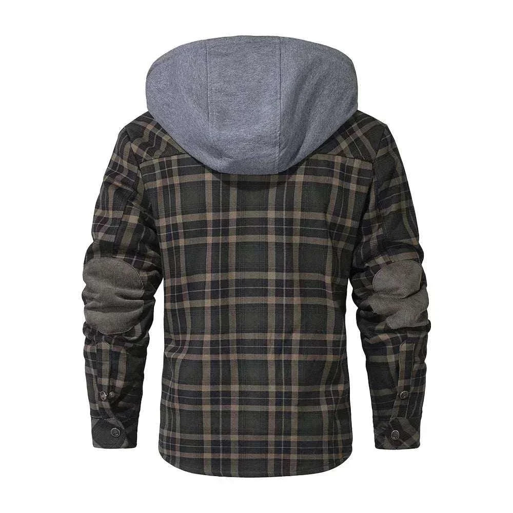 Men's hooded sherpa-lined plaid flannel winter coat with full-zip and slim fit