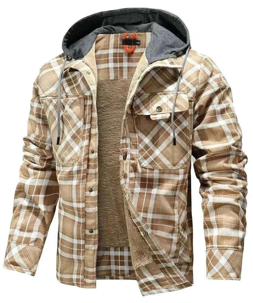 Men's hooded sherpa-lined plaid flannel winter coat with full-zip and slim fit design