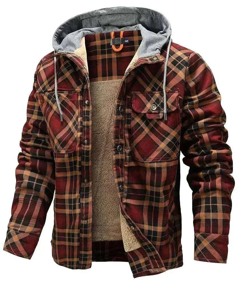 Men's hooded sherpa-lined plaid flannel winter coat with full-zip and slim fit