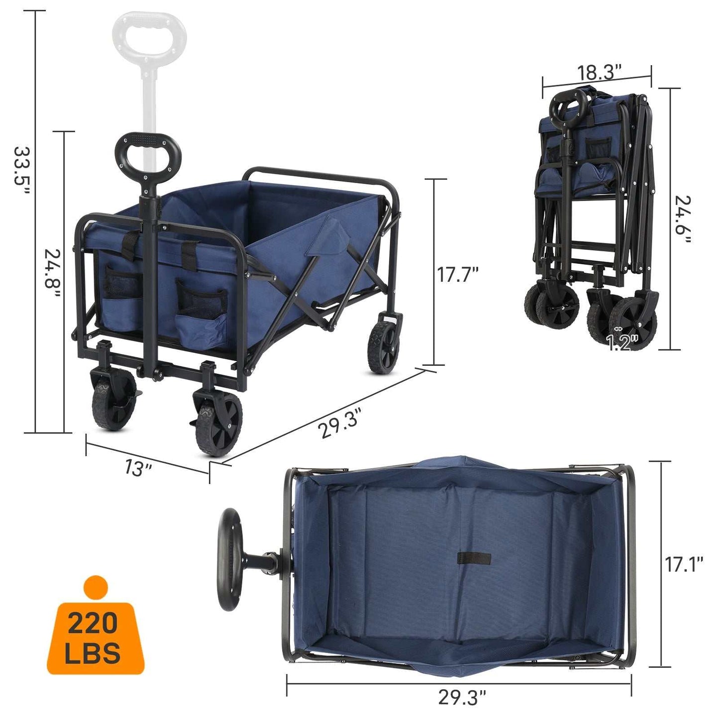 Garden folding cart with steel frame and 600D Oxford cloth carrying gardening supplies up to 220 lbs