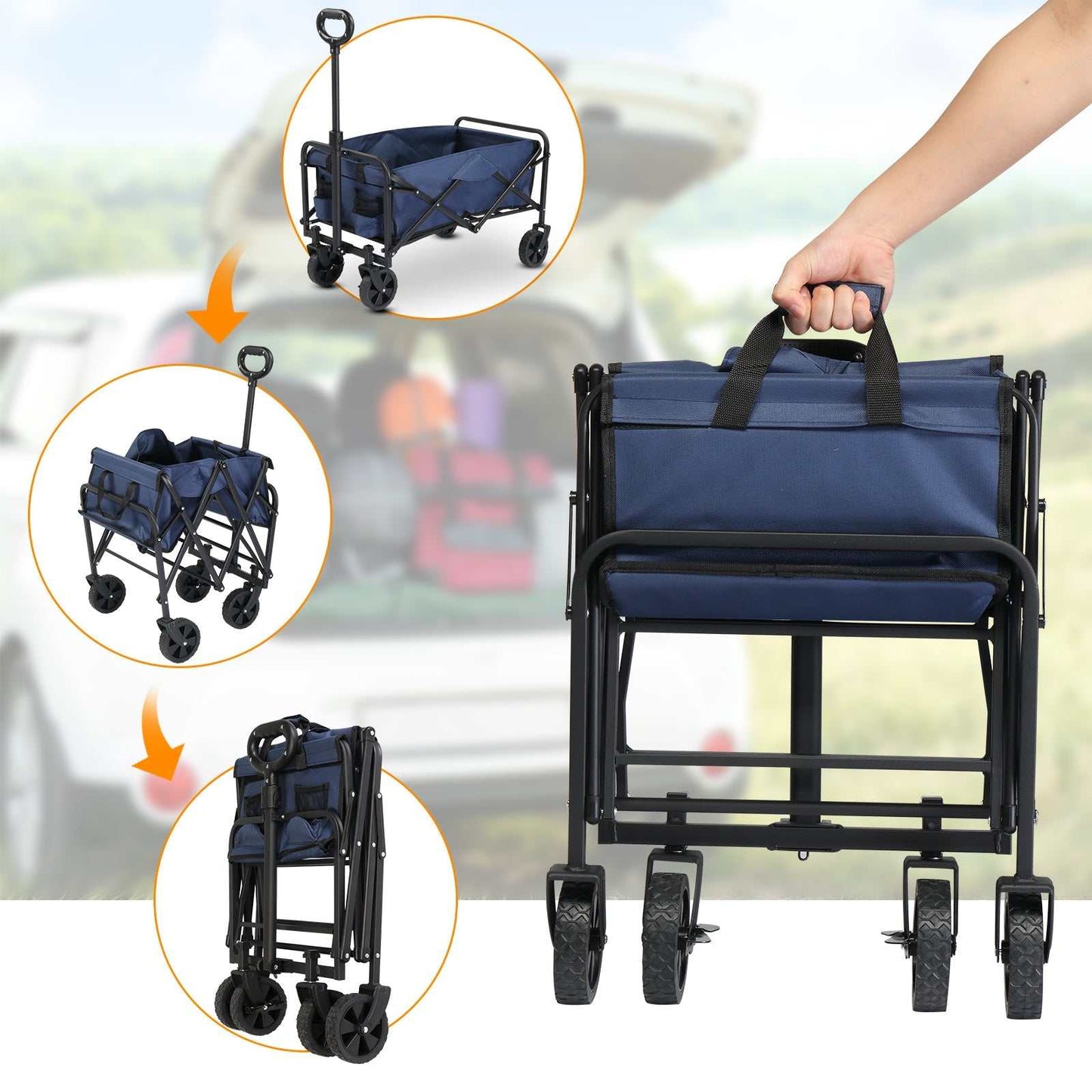 Garden Folding Cart with steel frame and 600D Oxford cloth supporting 220lbs, folding design for easy storage