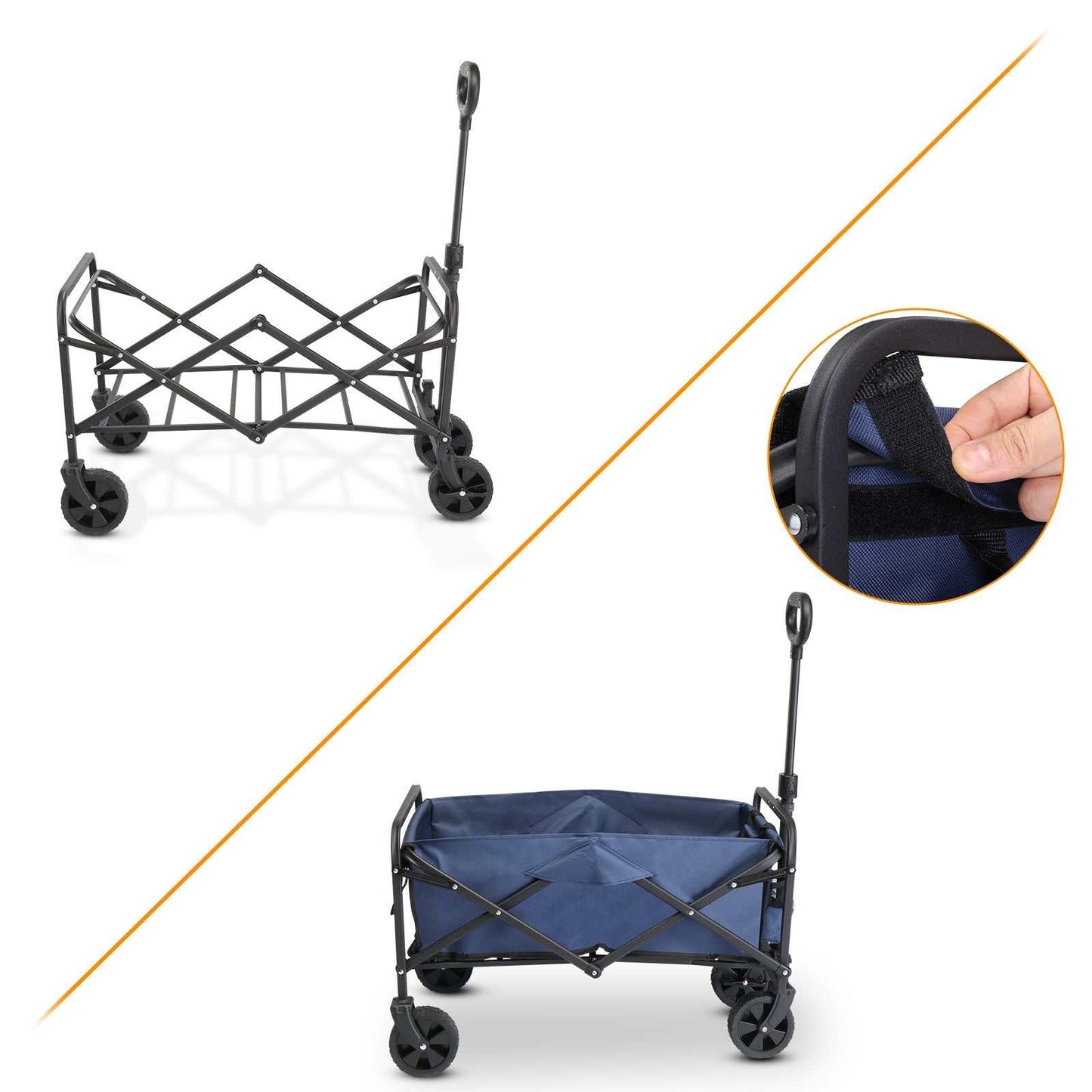Garden folding cart with steel frame and 600D Oxford cloth, supporting 220lbs, folding flat for easy storage and transport