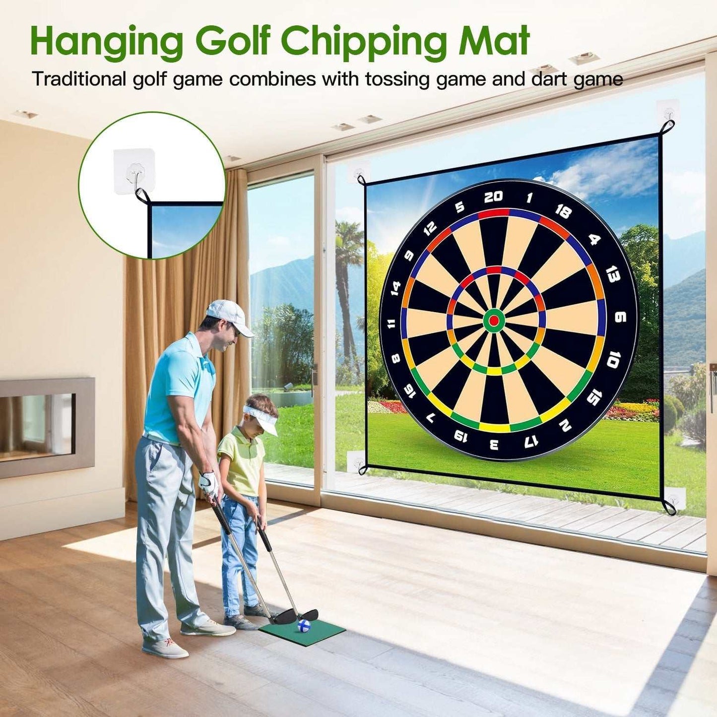 Golf Chipping Dart Game Mat Set with sticky balls, ground stakes, and storage bag for backyard and indoor play