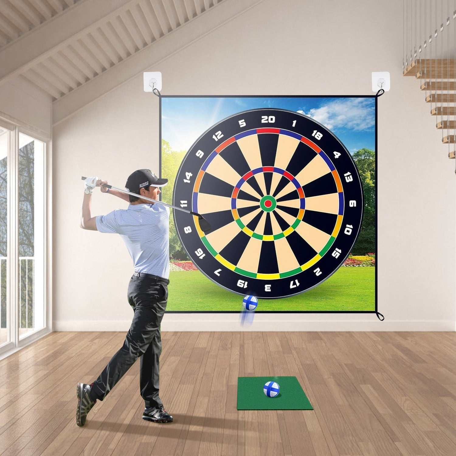 Golf Chipping Dart Game Mat Set with colorful sticky balls and ground stakes on grass