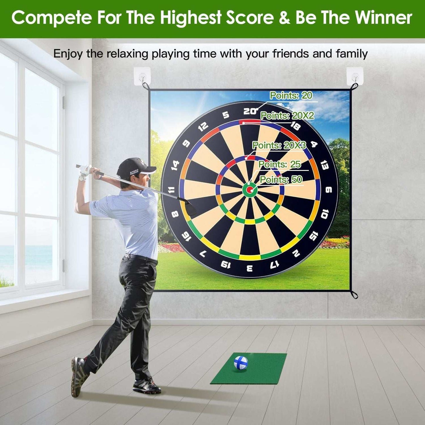 Golf Chipping Dart Game Mat Set with sticky balls and ground stakes for backyard and indoor play