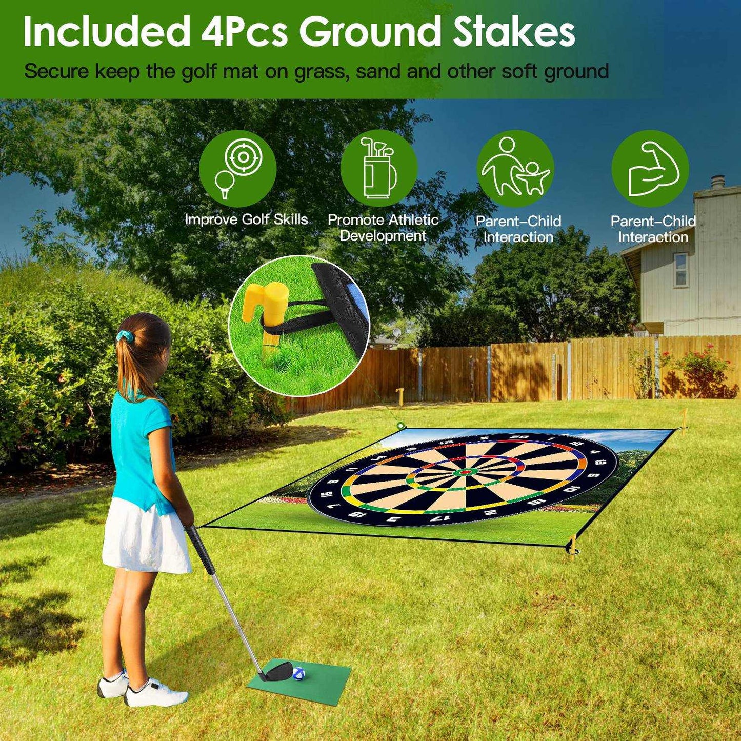 Golf Chipping Dart Game mat set with sticky balls, stakes, and hooks for backyard and indoor play