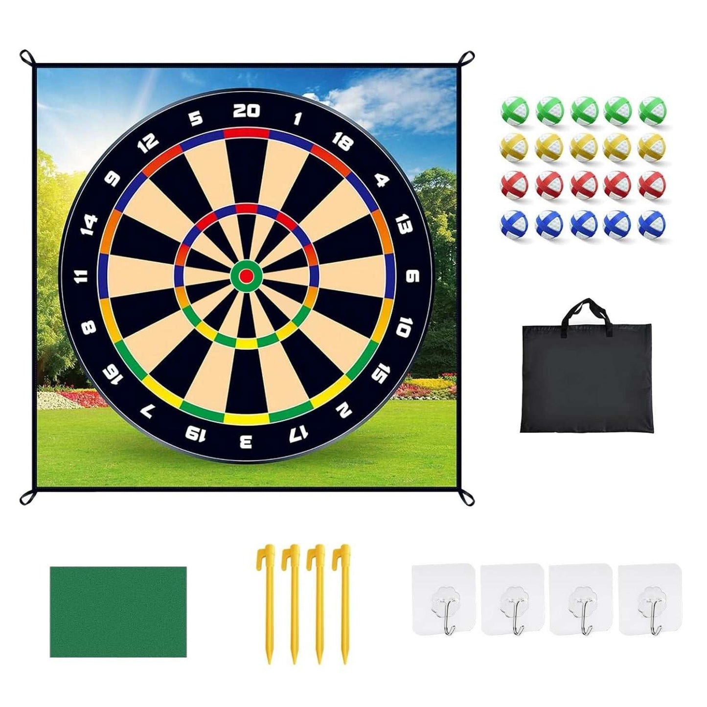 Golf chipping dart game mat set with sticky balls, ground stakes, and storage bag for backyard and indoor play