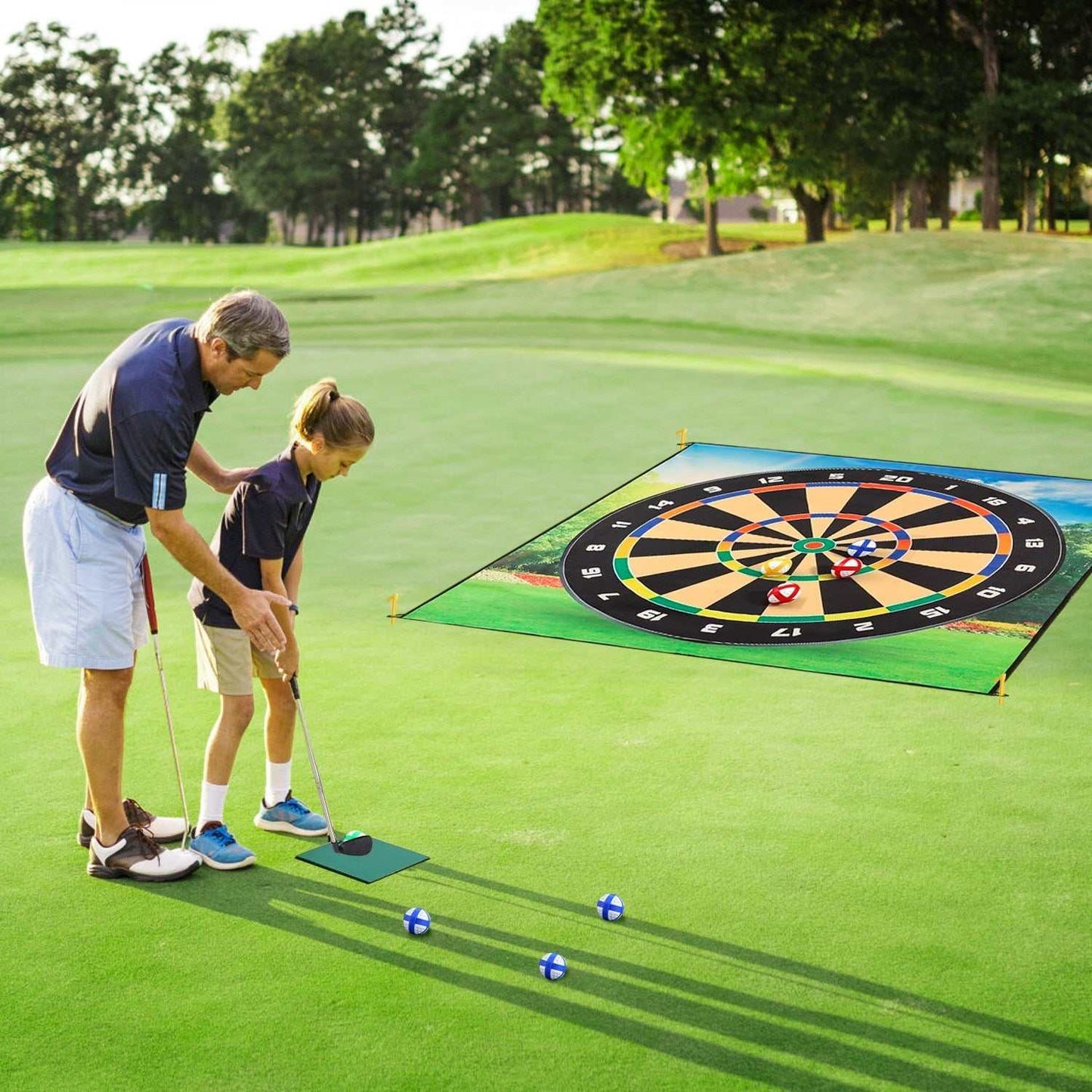 Golf Chipping Dart Game Mat Set with sticky balls and ground stakes for backyard and indoor play