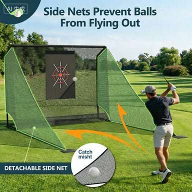 Golf practice net with auto ball return set up in backyard for indoor and outdoor use