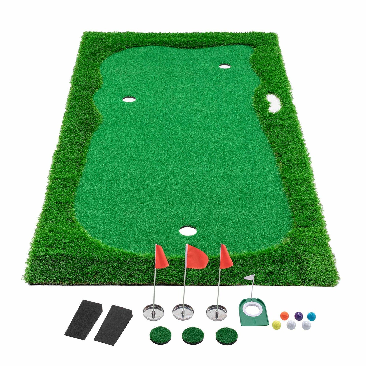 Golf putting green training mat with high-quality turf, three holes, and non-slip base for indoor and outdoor practice