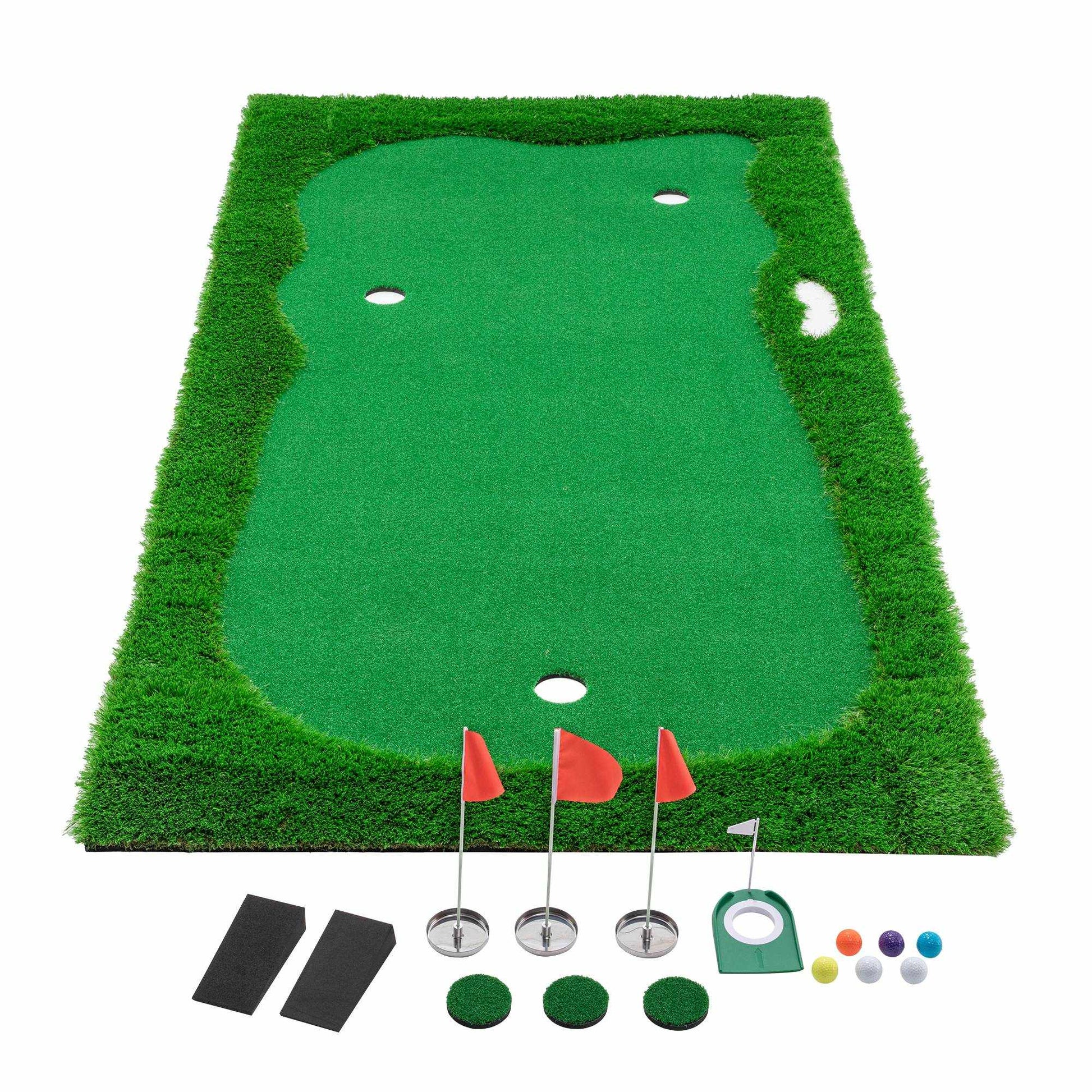 Golf putting green training mat with high-quality turf, three holes, and non-slip base for indoor and outdoor practice