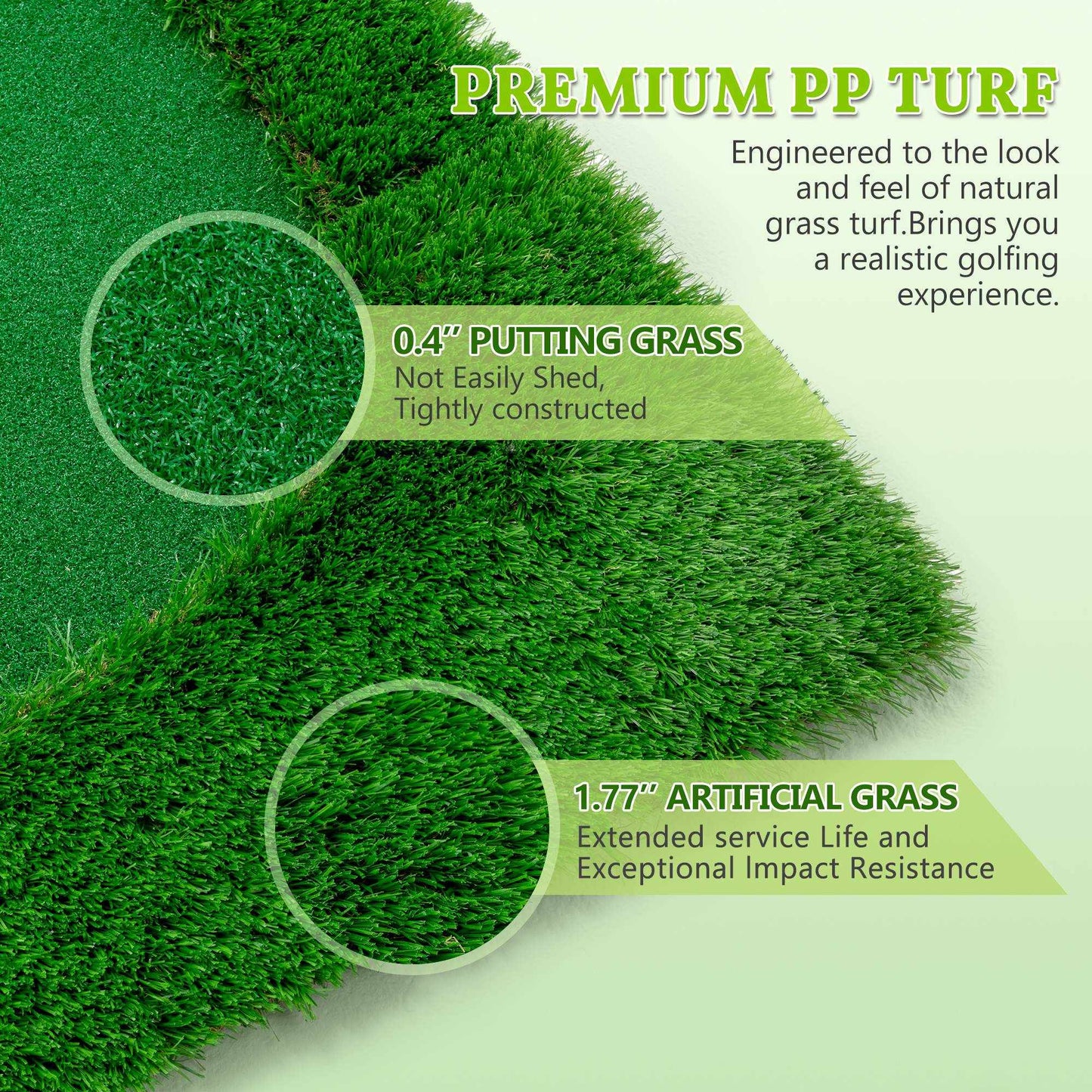 Golf Putting Green Training Mat with high quality turf, 3 holes, and non-slip base for indoor and outdoor practice
