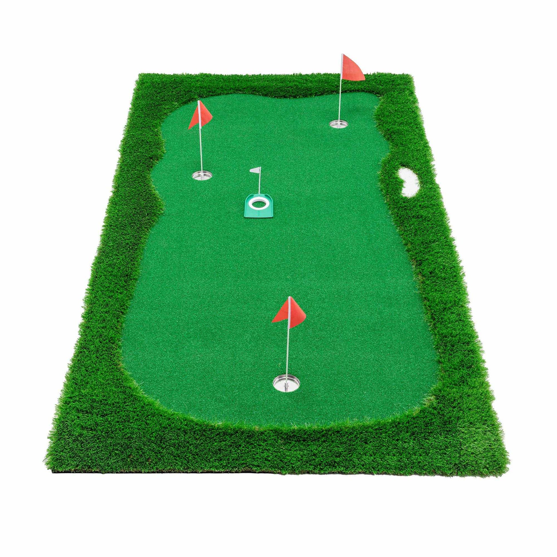 Golf putting green training mat with high-quality turf, three holes, and non-slip rubber base for indoor and outdoor practice