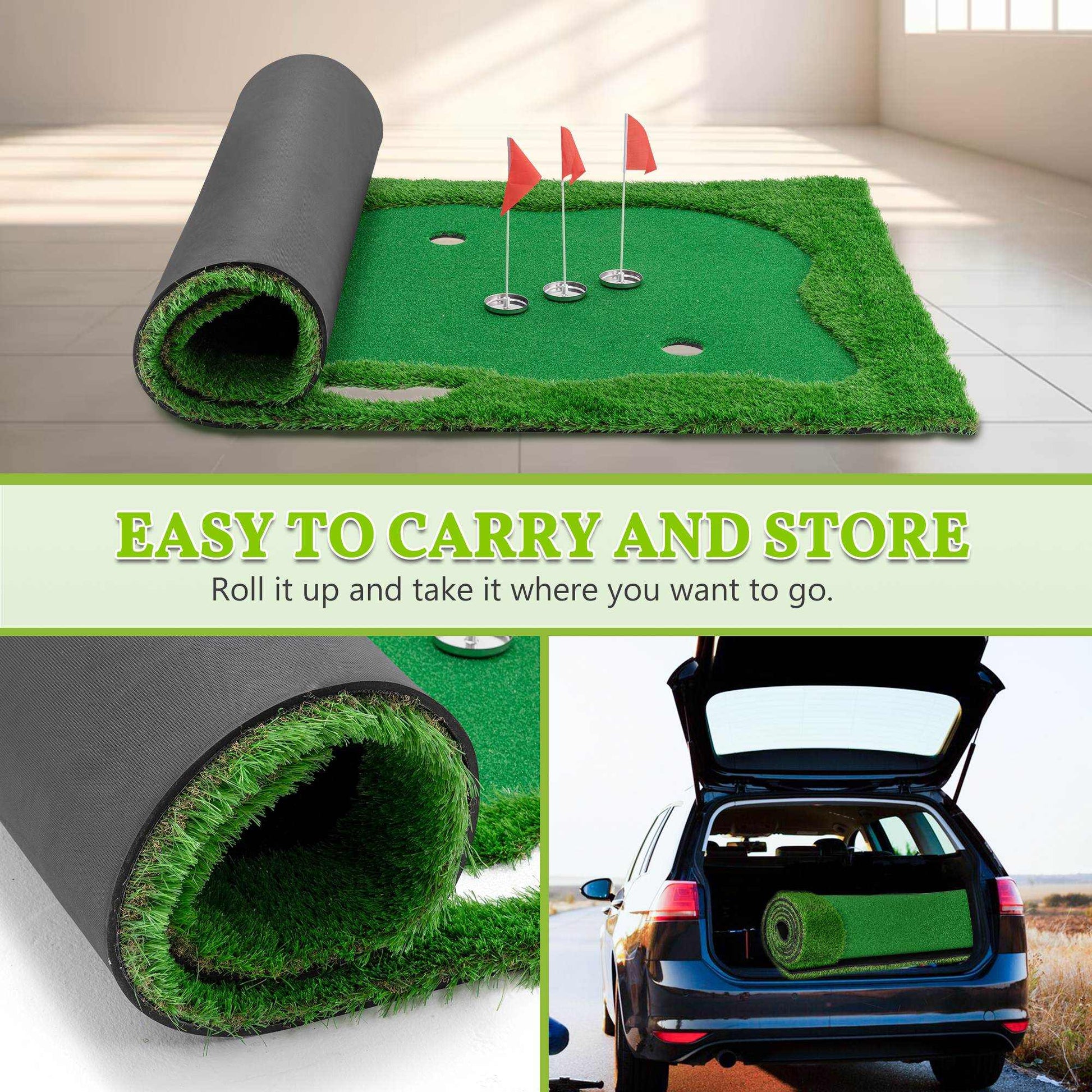 Golf putting green training mat with high-quality turf, three holes, and non-slip rubber base for indoor and outdoor practice