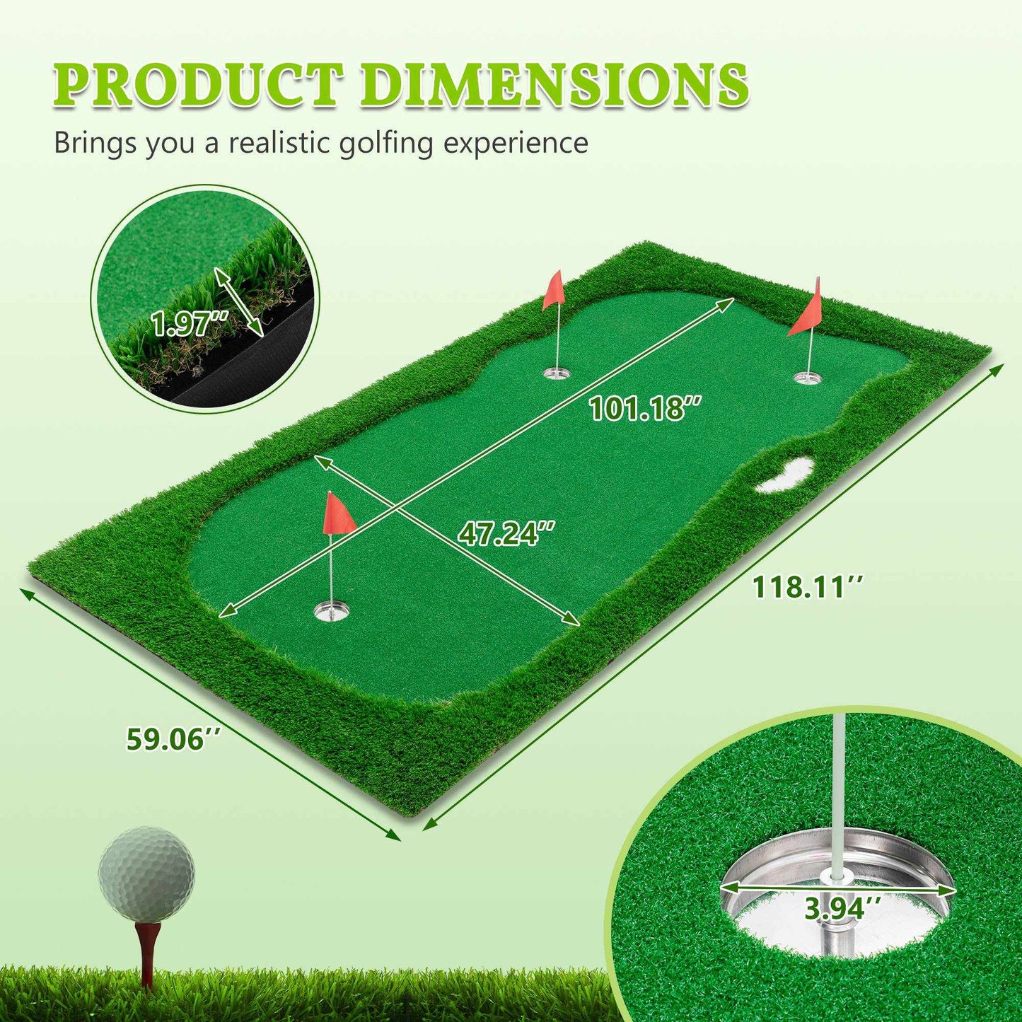 Golf putting green training mat with high quality turf, three holes, and non-slip rubber base for realistic practice.