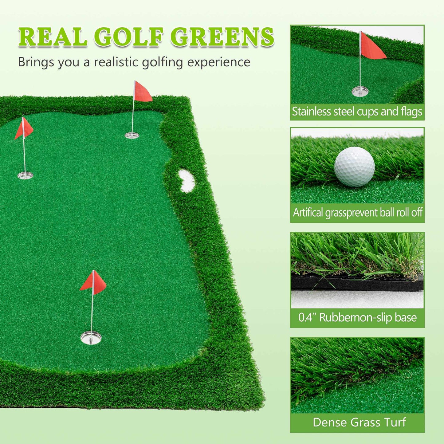 Golf putting green training mat with high quality turf, 3 holes, and non-slip base for realistic practice