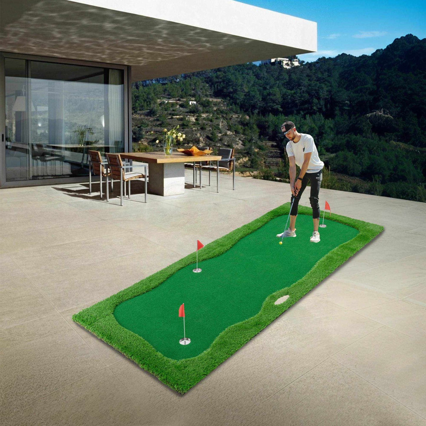 Golf putting green training mat with high quality turf, 3 holes, non-slip rubber base, and portable design for indoor and outdoor practice