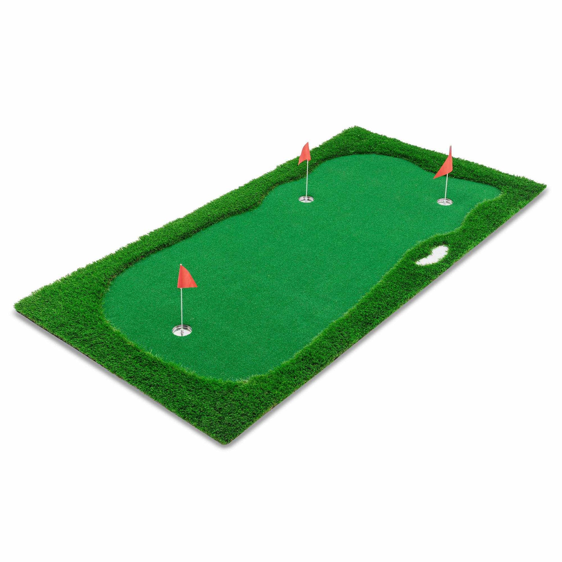 Golf putting green training mat with high quality turf, 3 holes, and non-slip base for indoor and outdoor practice