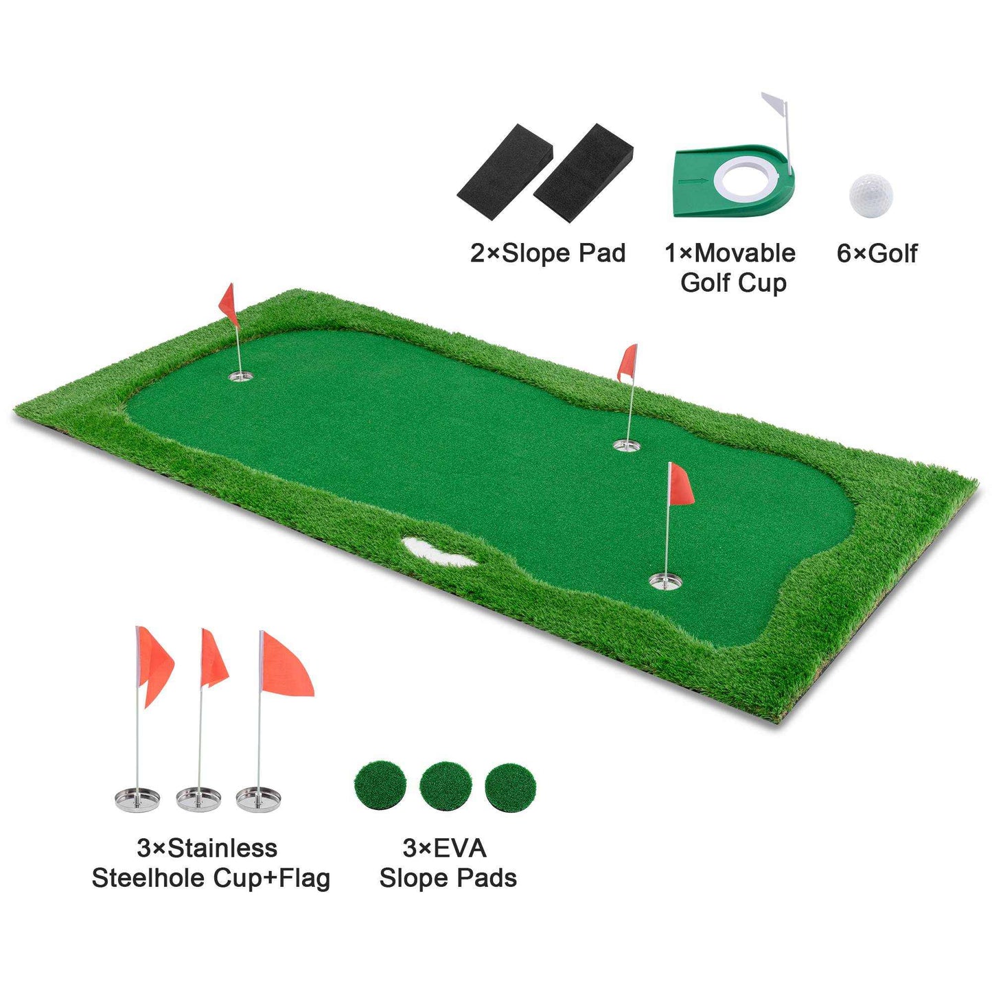 Golf putting green training mat with high-quality turf, 3 holes, and non-slip rubber base for realistic practice and precision.