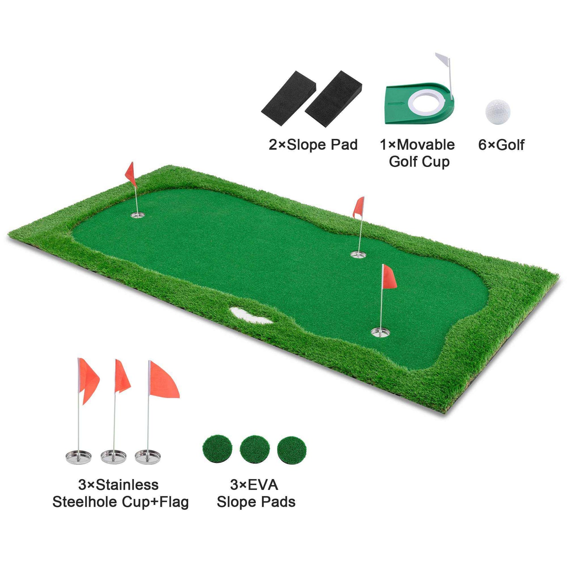 Golf putting green training mat with high-quality turf, 3 holes, and non-slip rubber base for realistic practice and precision.
