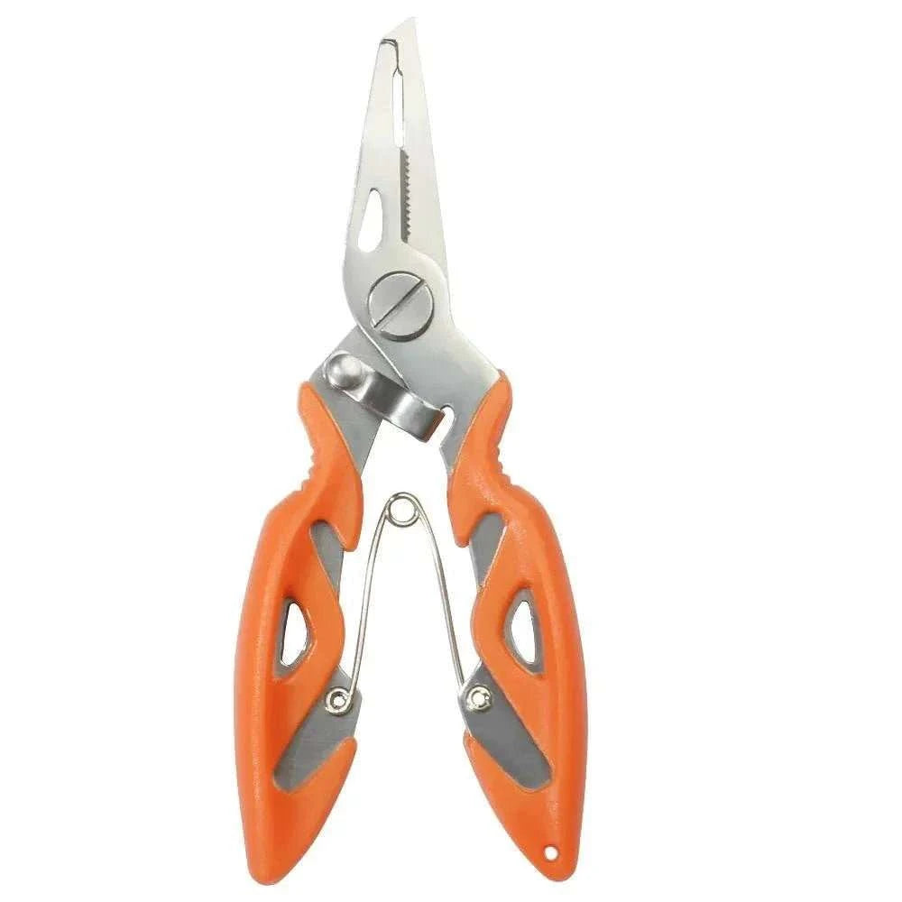 High Concerned Fishing Pliers with narrow serrated nose, spring-assisted jaw, and multi-function design for hook removal, line cutting, and split ring opening.