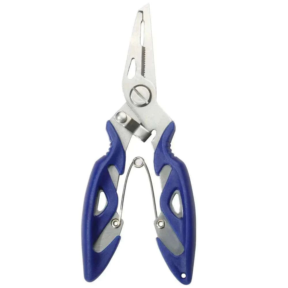 High Concerned Fishing Pliers with serrated nose, spring-assisted jaw, and multi-function tools for hook removal, line cutting, and split ring opening.