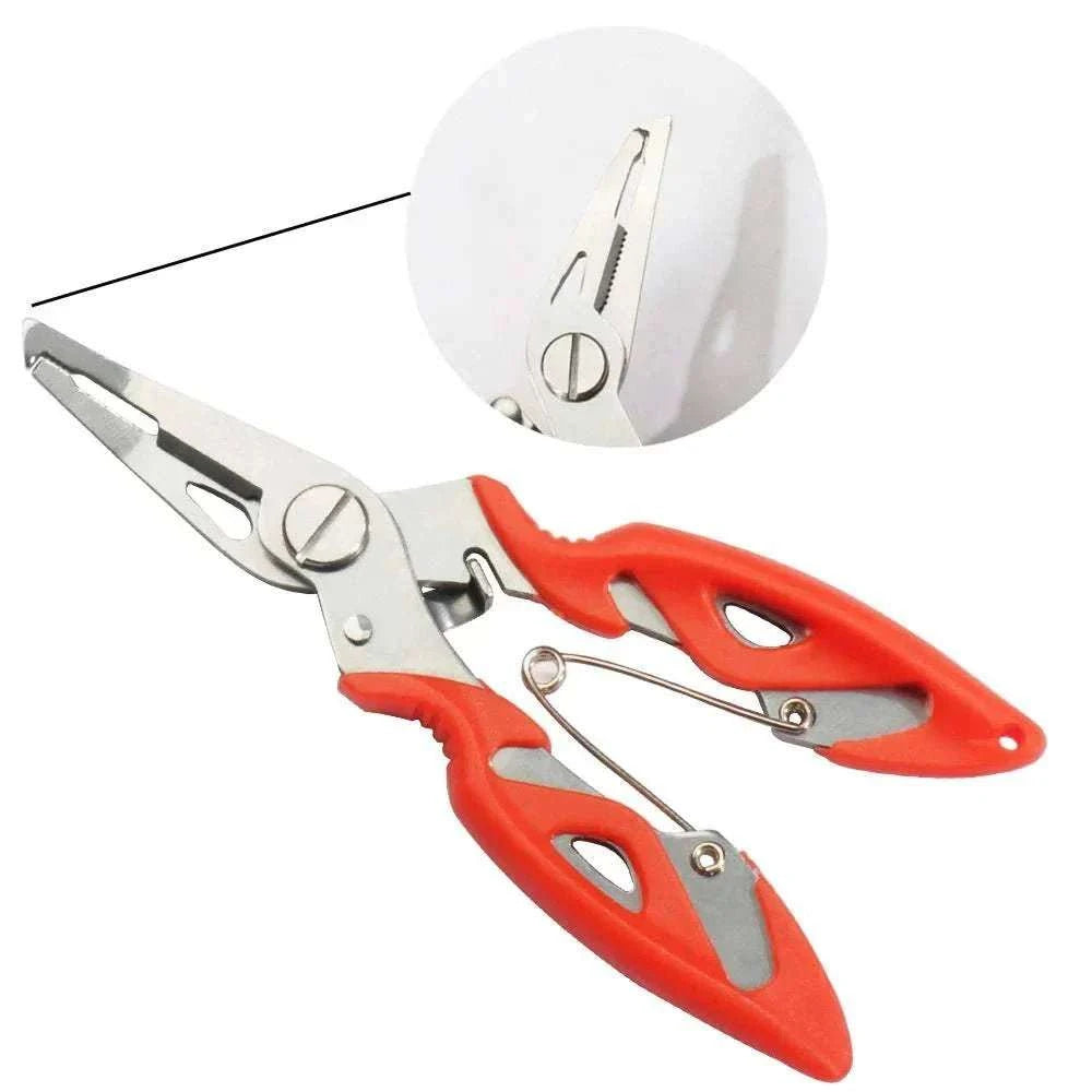 High Concerned Fishing Pliers with serrated nose hook remover, split ring opener, stainless steel multi-tool in orange and black options