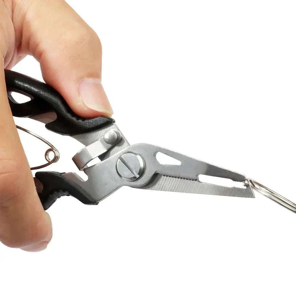Multifunction fishing pliers with hook remover, split ring opener, stainless steel construction, and anti-slip handle