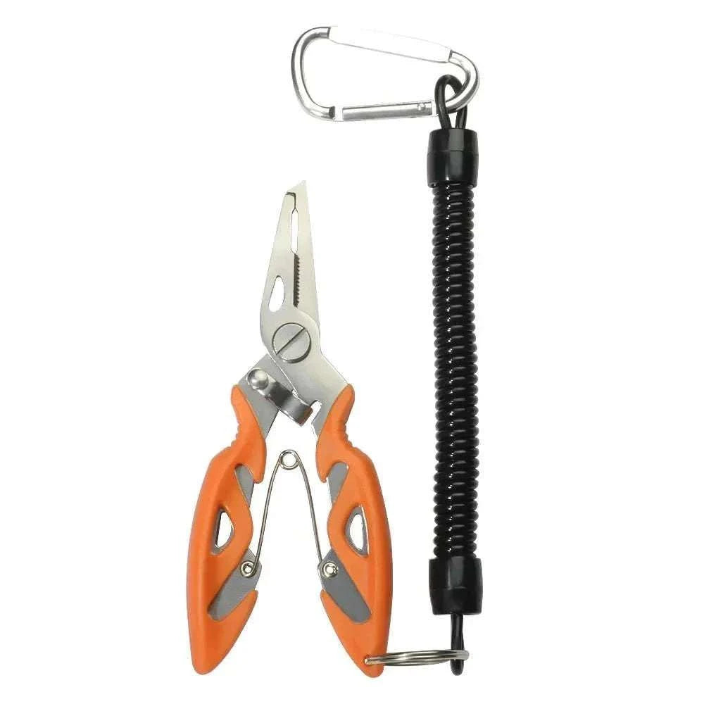 Multifunction fishing pliers with stainless steel construction, lock latch, serrated nose, anti-slip handle, and cutting ability in multiple colors with rope
