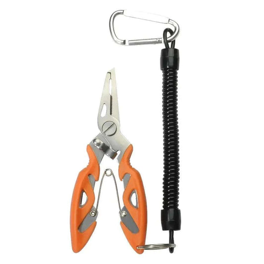Multifunction fishing pliers with stainless steel construction, lock latch, serrated nose, anti-slip handle, and cutting ability in multiple colors with rope