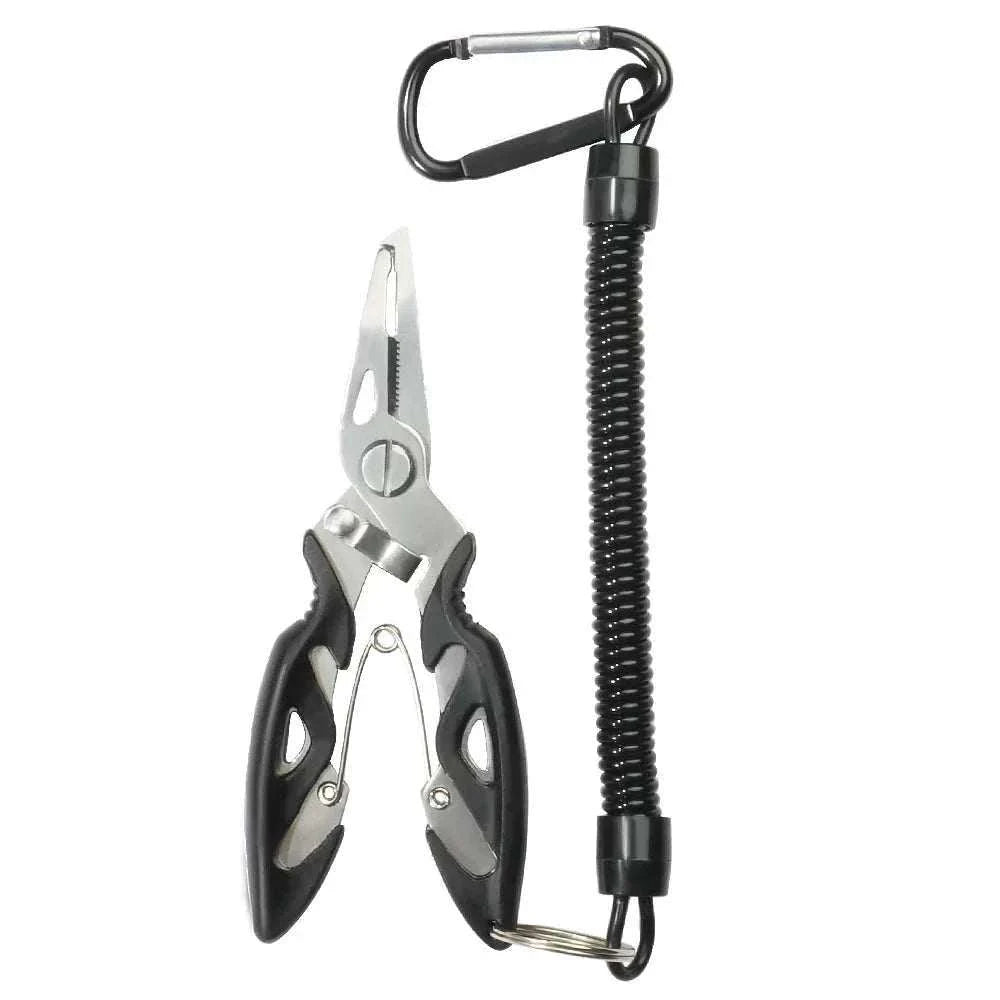 Multifunction fishing pliers with stainless steel construction, lock latch, serrated nose, and anti-slip handle for hook removal and line cutting