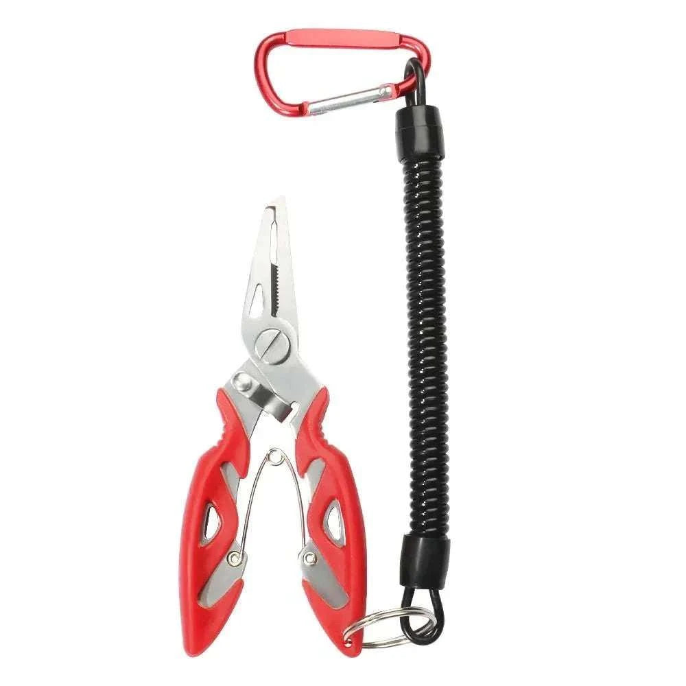 Multifunction fishing pliers with stainless steel construction, narrow serrated nose, anti-slip handle, and lock latch for hook removal and line cutting