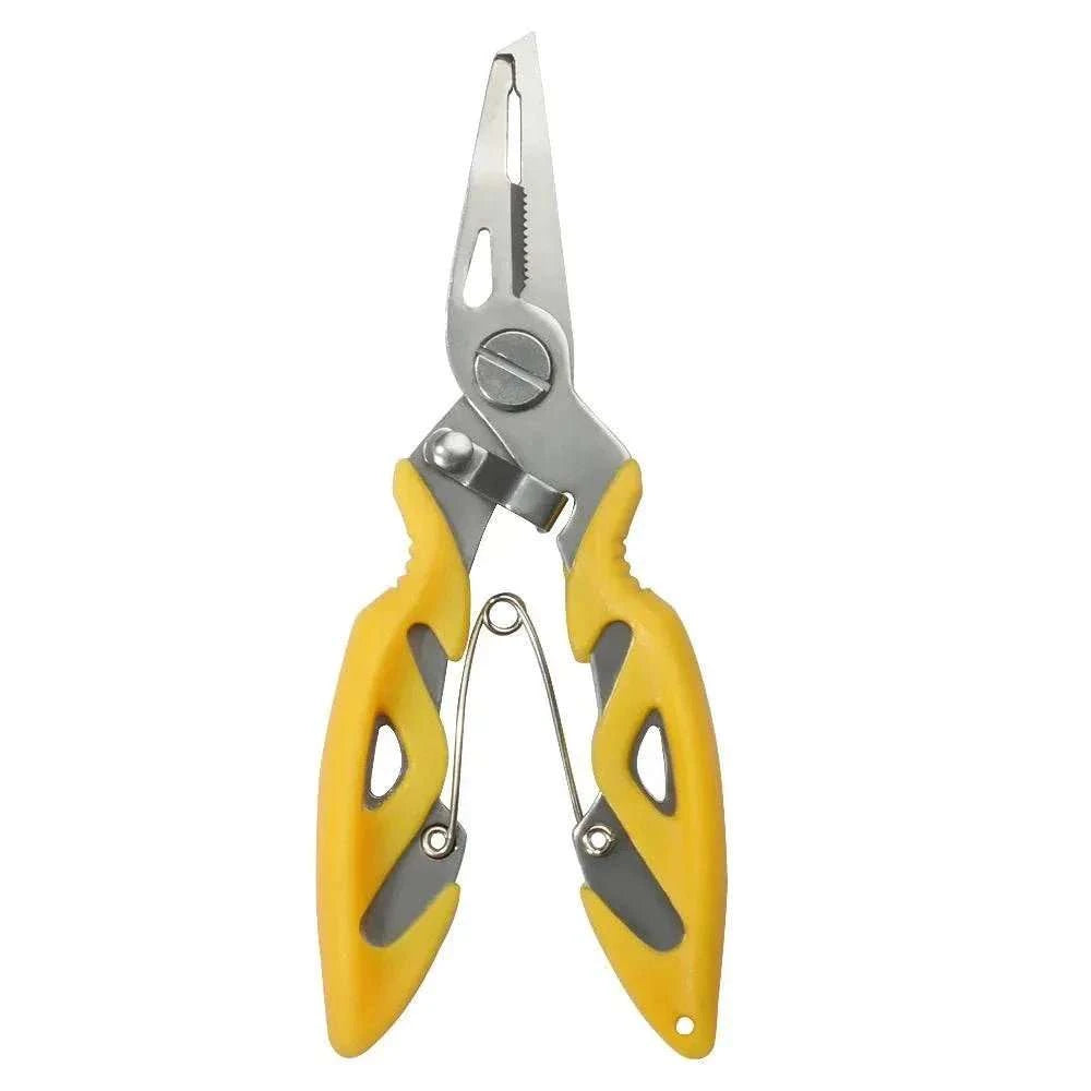 Multifunction fishing pliers with hook remover, stainless steel build, and anti-slip handle