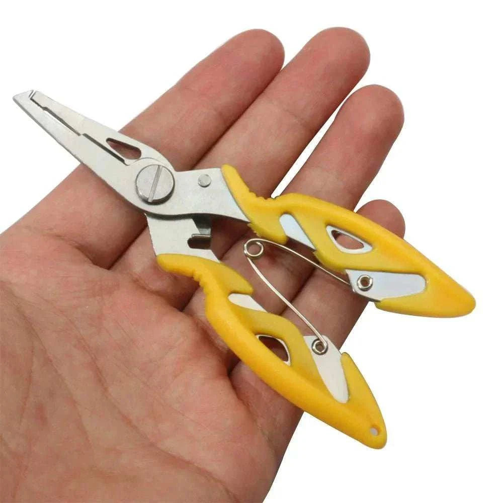Multifunction fishing pliers with stainless steel, serrated nose, anti-slip handle, and lock latch for hook removal and line cutting