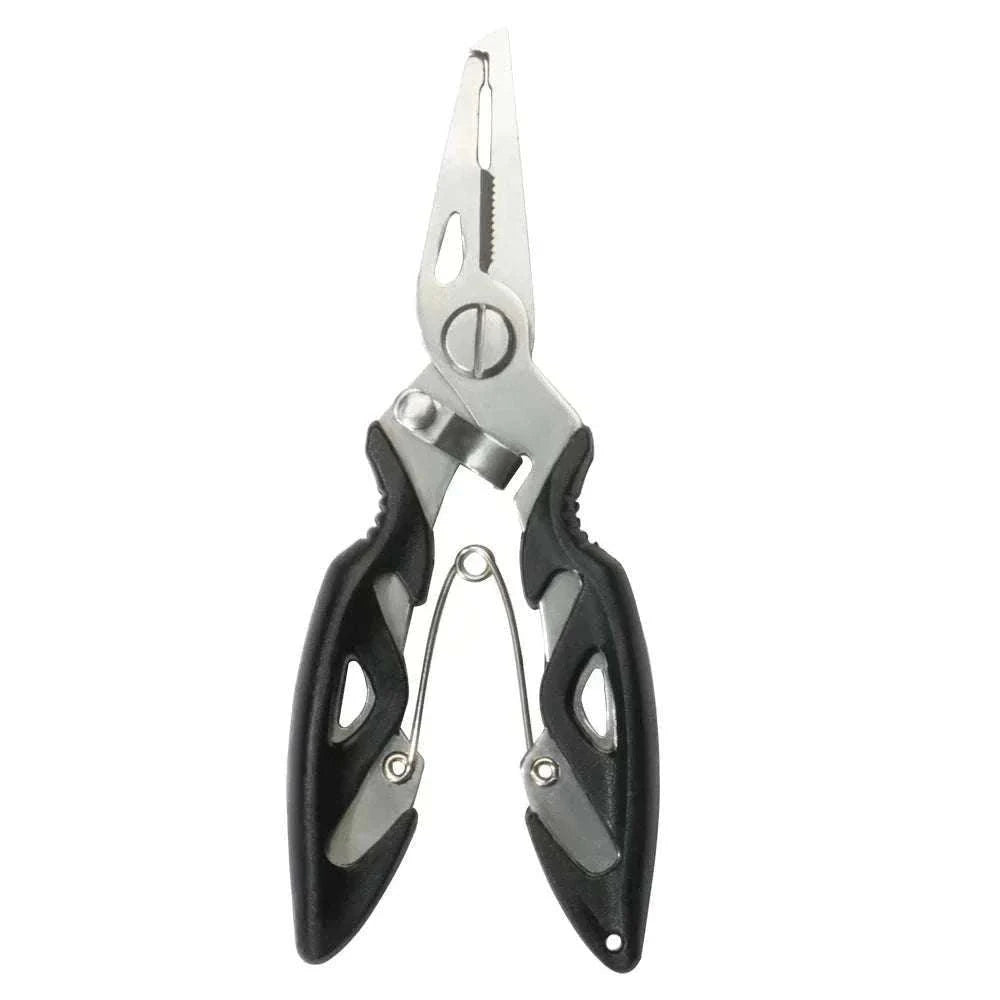 Multifunction fishing pliers with stainless steel, serrated nose, lock latch, anti-slip handle, and rope in various colors for hook removal and line cutting