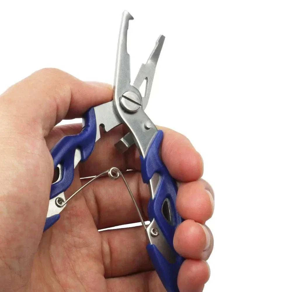 Multifunction fishing pliers with narrow serrated nose, stainless steel and ABS build, anti-slip handle, and secure lock latch for hook removal and line cutting.