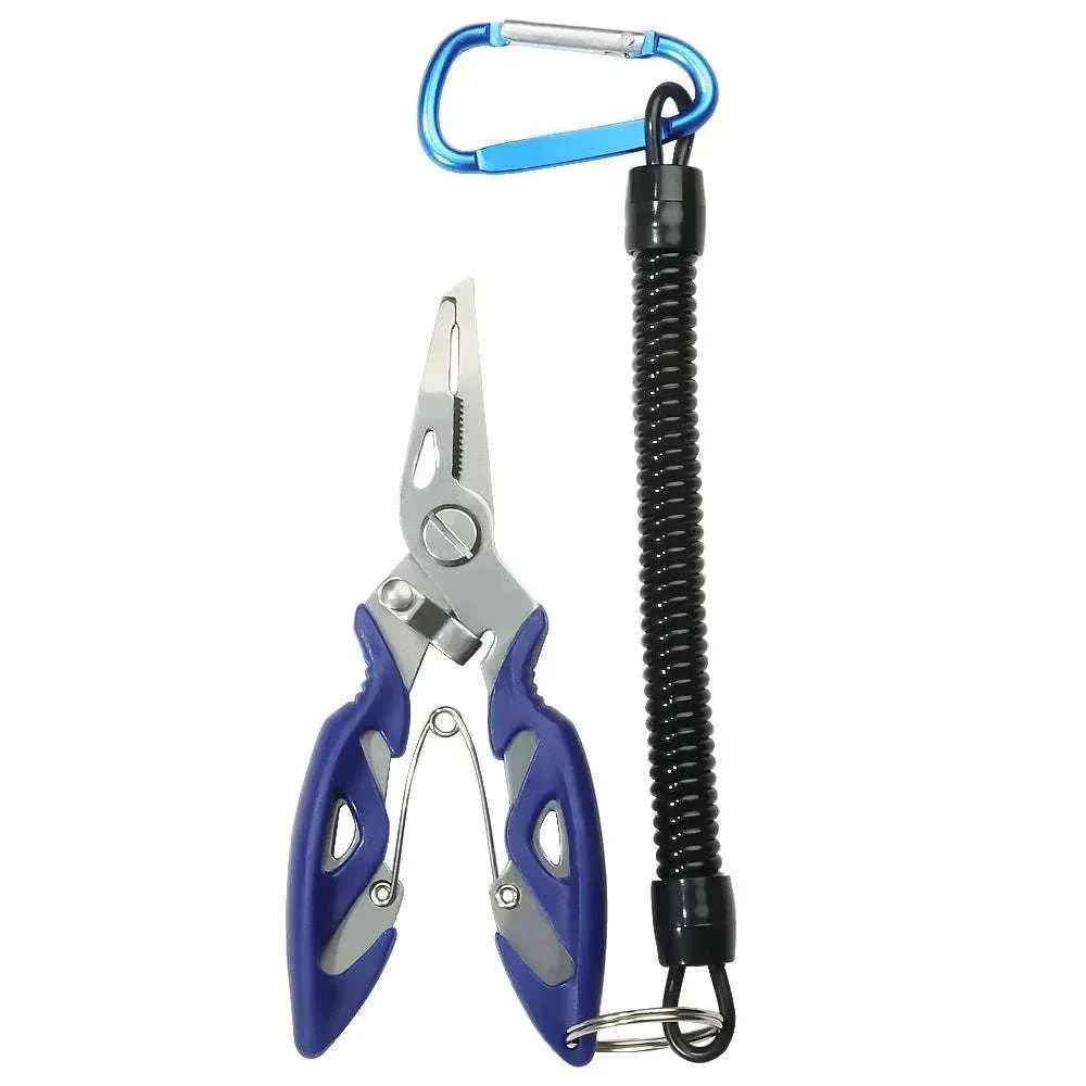 Multifunction fishing pliers with stainless steel, lock latch, serrated nose, cutting blade, and anti-slip handle in multiple colors with rope accessory