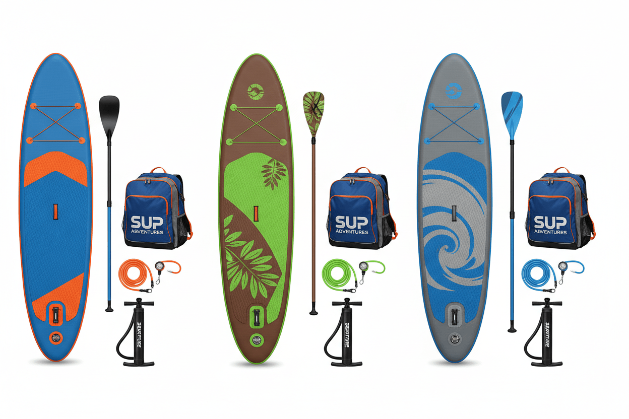 Inflatable stand up paddle board with durable PVC, premium accessories, and wide stable design for lakes and rivers